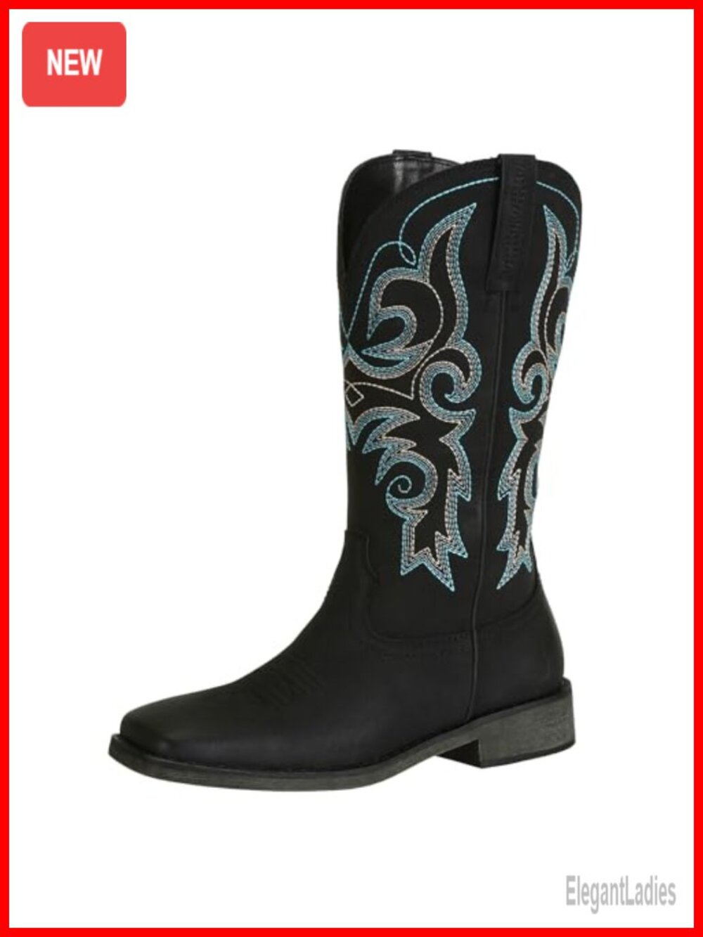 Faux Leather Square Toe Cowgirl Boots Mid Calf Chunky Heel Western Embroidered